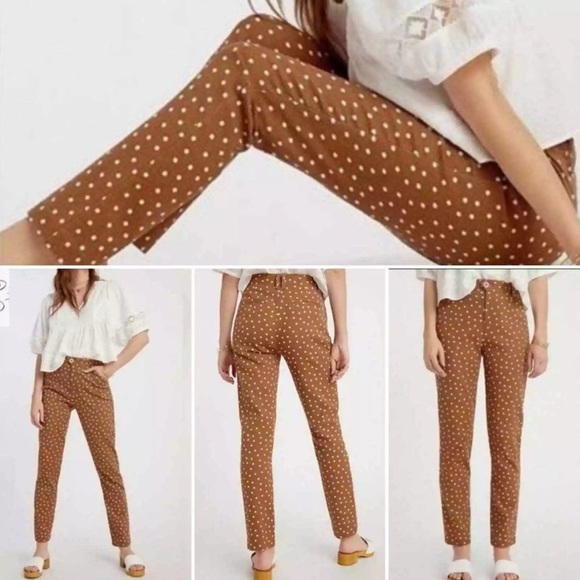 Anthropologie The Essential Slim Polka Dot Trousers in Brown White Sz 10 Womens - Picture 1 of 7